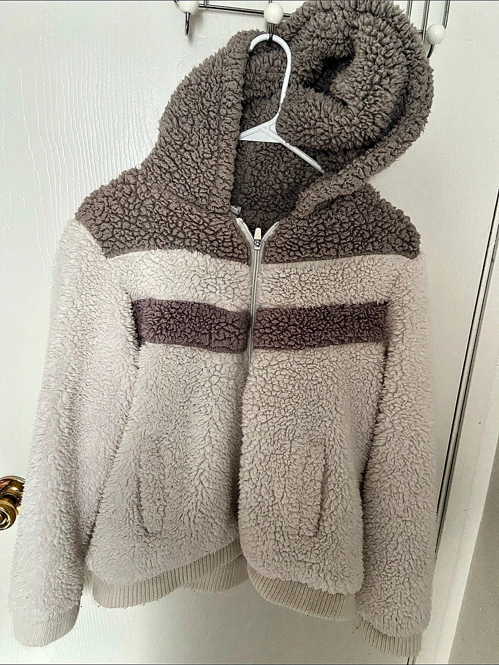 Athletic Collection Color Block Teddy Jacket Cream & Brown Large Like New